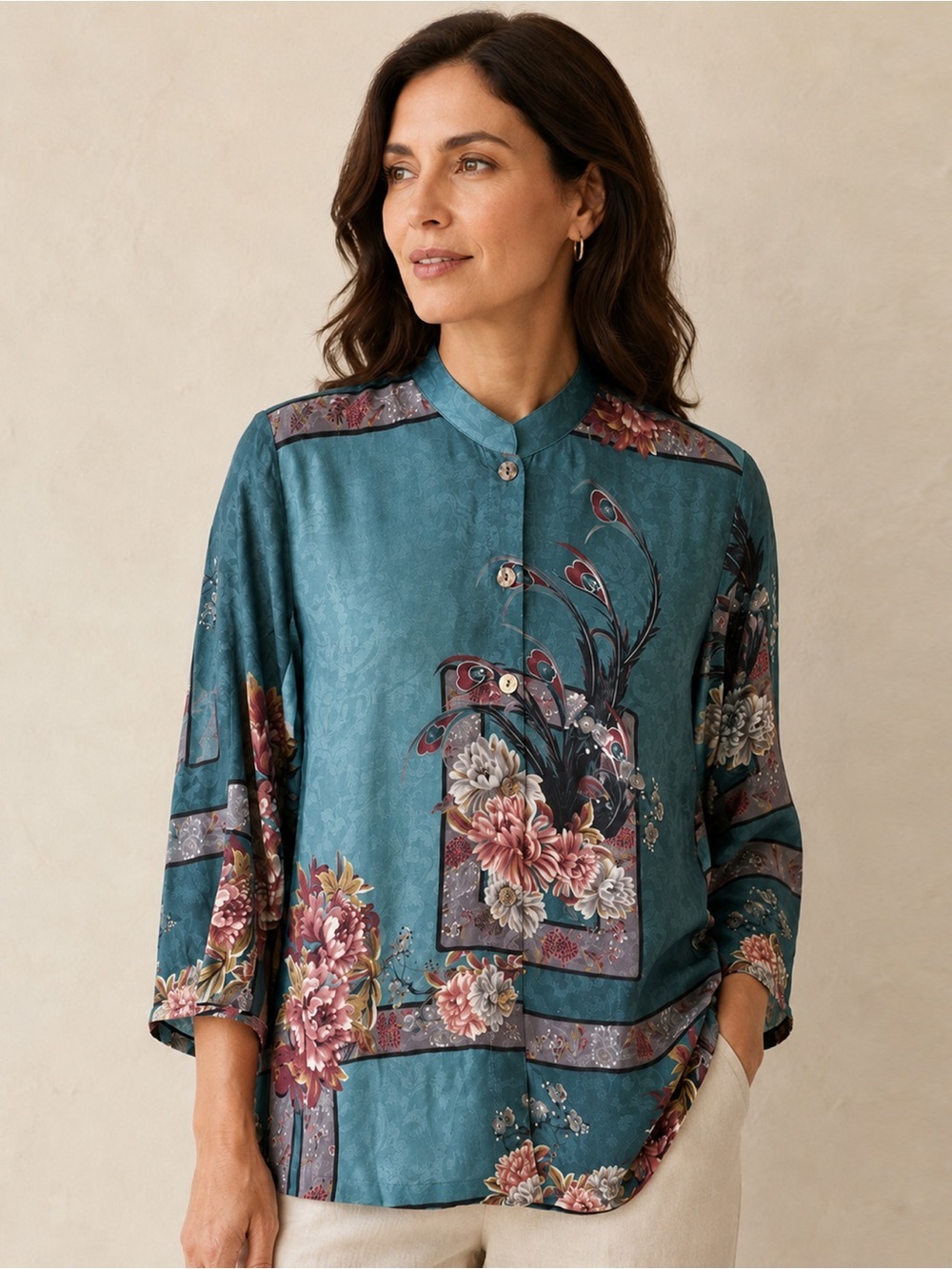 Citron Santa Monica - Art-to-Wear Mandarin Collar Floral Blouse Top